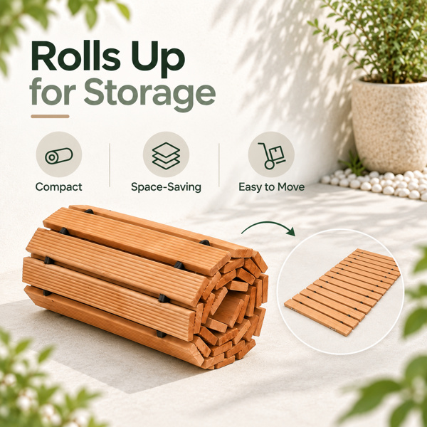305 x 43 cmRoll-Out Wooden Walkway Mat, 1.5 cm Thick Portable Garden Pathway, Outdoor Wooden Boardwalk Path for Yard, Lawn, Beach, Patio and Camping-2