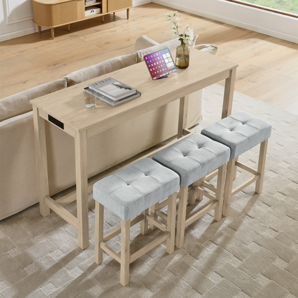 59 Inch Bar Table, Dining Table, Sofa Table with Power Outlet, 3 Upholstered Stools, 4 Piece Bar Table and Chair Set for Living Room, Dining Room, Kitchen-3