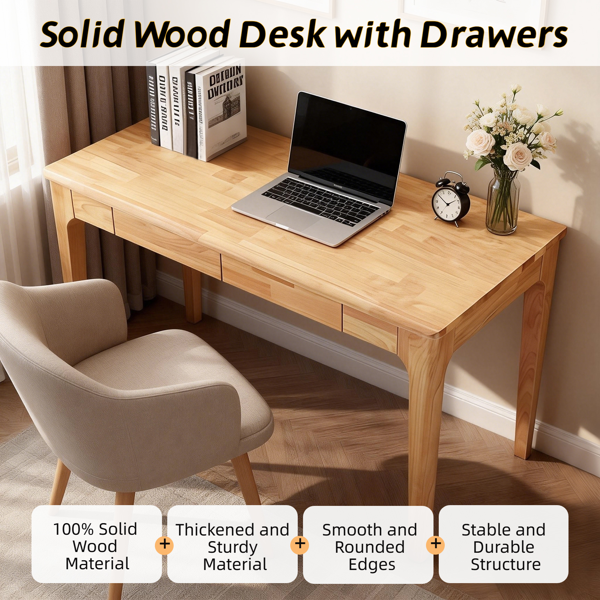 Solid Wood Desk with Drawers, Standing Desk with Smooth Edges, Home Office Desk for Small Spaces, Mid Century Modern Desk for Study, Bedroom, Living Room, Office, (Natural Wood Color)-6