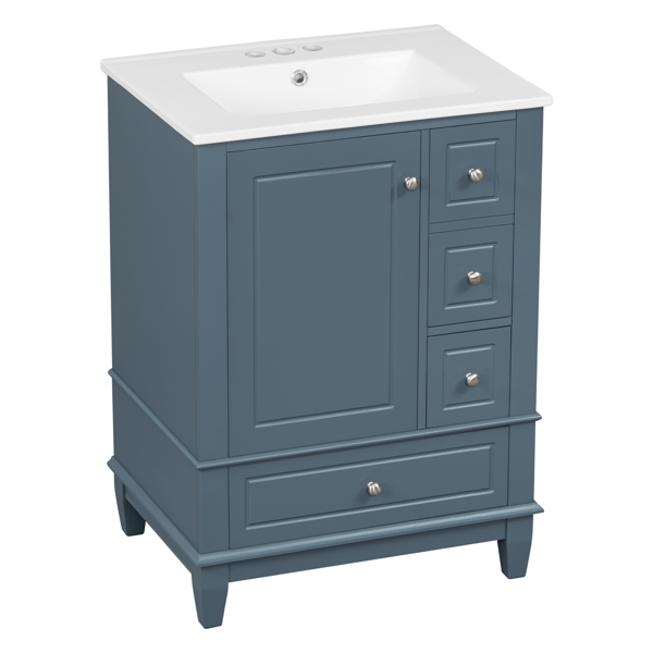 24" Bathroom Vanity with Sink and Drawers, Gray Blue Freestanding Vanity Cabinet with Ceramic Top and Storage Shelves, MDF and Solid Wood Base, Modern Sink Cabinet for Small Bathrooms-33