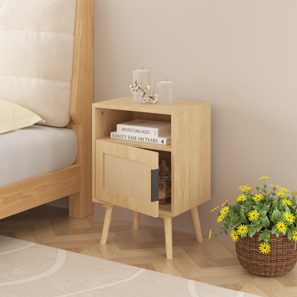 22.83'' H Rattan Nightstand, Side Table with Door Open Shelf,  Accent Bedside End Table with Solid Wood Legs for Bedroom, Dorm and Small Spaces, Oak-11