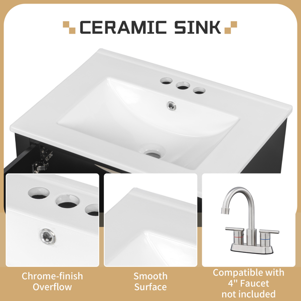 24" Bathroom Vanity with Sink and Drawers, Black Freestanding Vanity Cabinet with Ceramic Top and Storage Shelves, MDF and Solid Wood Base, Modern Sink Cabinet for Small Bathrooms-9