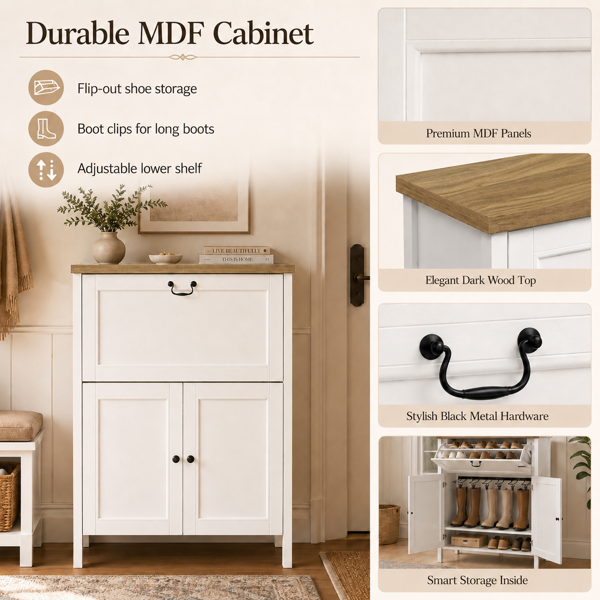 Shoe Cabinet with Flip Drawer, Boot Rack and 6 Boot Clips, Narrow Entryway Shoe Cabinet with Adjustable Shelf, Freestanding Shoe Organizer Cabinet for Entryway, Foyer, 31.5"W x 15.7"D x 45.3"H-White-7