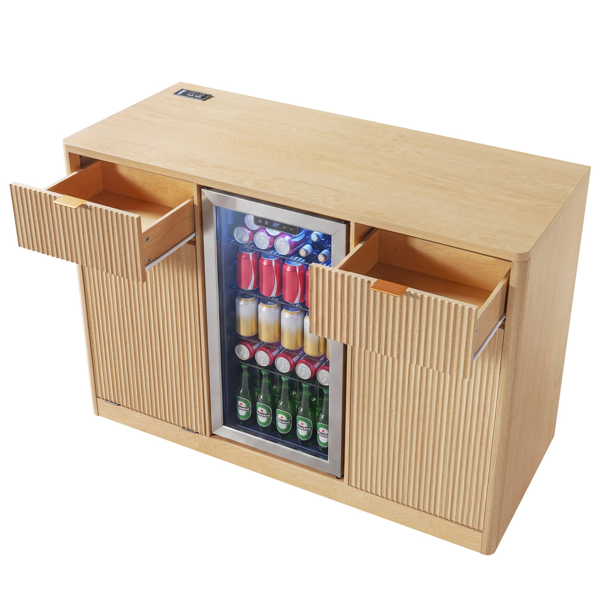 K&K 59" Coffee Bar Cabinet with Fridge Space & Tilt-Out Trash Cabinet, Mini Fridge Wine Cabinet with Storage/Charging Station, Fluted Buffet Sideboard with Glass Holder for Dining Room, Natural Oak-5