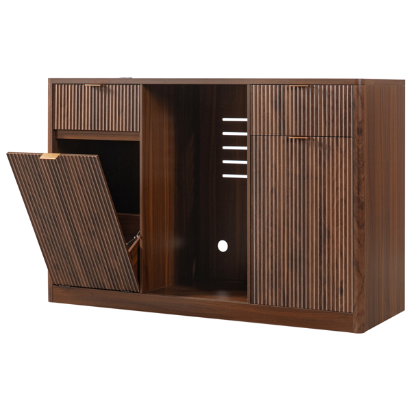 K&K 59" Coffee Bar Cabinet with Fridge Space & Tilt-Out Trash Cabinet, Mini Fridge Wine Cabinet with Storage/Charging Station, Fluted Buffet Sideboard with Glass Holder for Dining Room, Walnut Brown-8