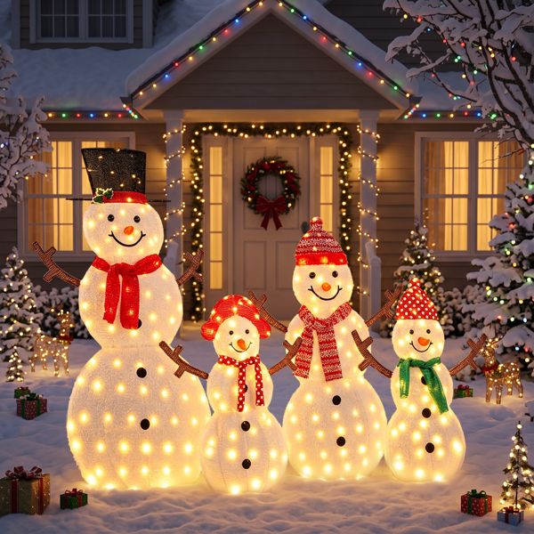 4pcs 5ft 白色 2D雪人一家四口树枝手 蒙布绒布 250灯暖白灯 圣诞灯饰雪人 4.5V 3.6W-9