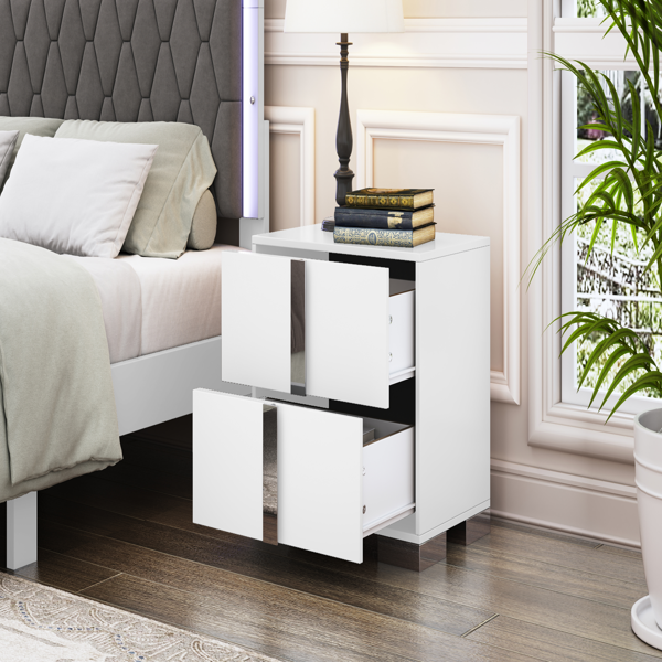 Elegant Nightstand with Metal Foot, Mirrored Bedside Table with 2 Drawers for Bedroom, Living Room, White (Old SKU: WF319353AAK)-8