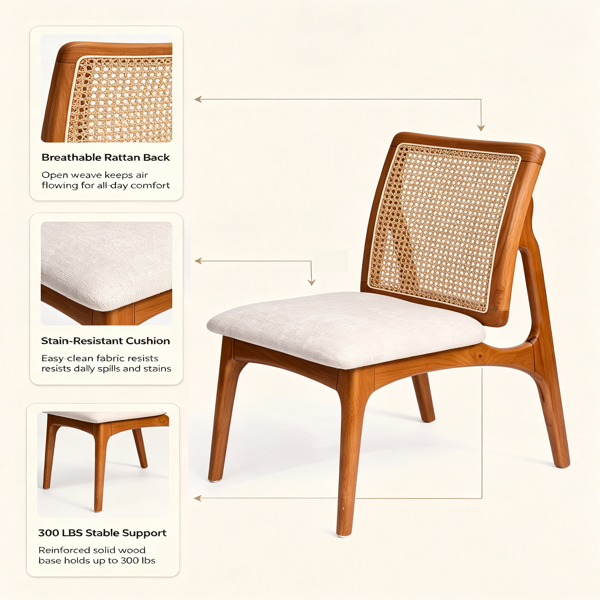Set of 2 Mid Century Modern Rattan Dining Chairs, Solid Rubber Wood Frame Dining Side Chairs with Natural Cane Rattan Backrest-15