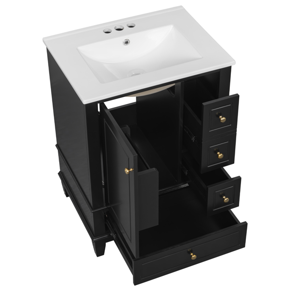 24" Bathroom Vanity with Sink and Drawers, Black Freestanding Vanity Cabinet with Ceramic Top and Storage Shelves, MDF and Solid Wood Base, Modern Sink Cabinet for Small Bathrooms-25