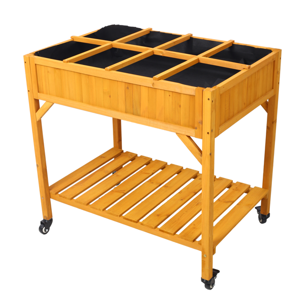 Elevated 8 Pocket Herb Garden Bed, Mobile Raised Customizable Wood Planter for Herbs, Vegetables, Flowers w/ Lockable Wheels, Storage Shelf, Drainage Holes-1
