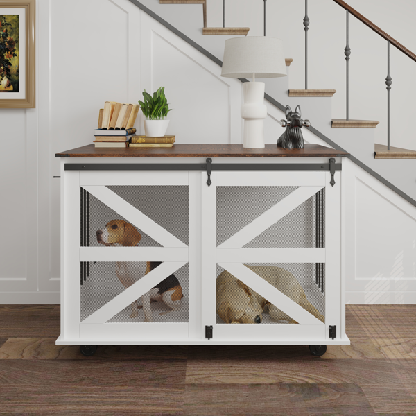 47.2" Mobile Dog Crate with Flip-Top Feeding Door, Dual-Access & 5 Caster System (2 Locking), Side Hooks - Multi-Functional Pet Kennel,double dog crate furniture-8
