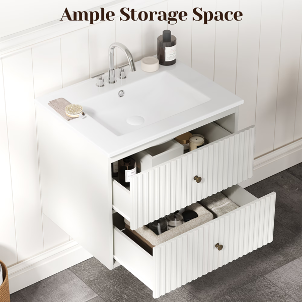 24'' Bathroom Vanity with Sink Set, Floating Bathroom Storage Cabinet with Doors and Drawers, Modern Vanity Sink Cabinet Wall Mount with Painted Surface, White-6