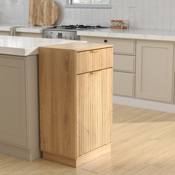 10-Gallon Woodgrain Tilt-Out Trash Can Cabinet with Wave-Textured Drawer & Pull-Out Bin - Multipurpose Kitchen/Bath Organizer in Oak Finish-4