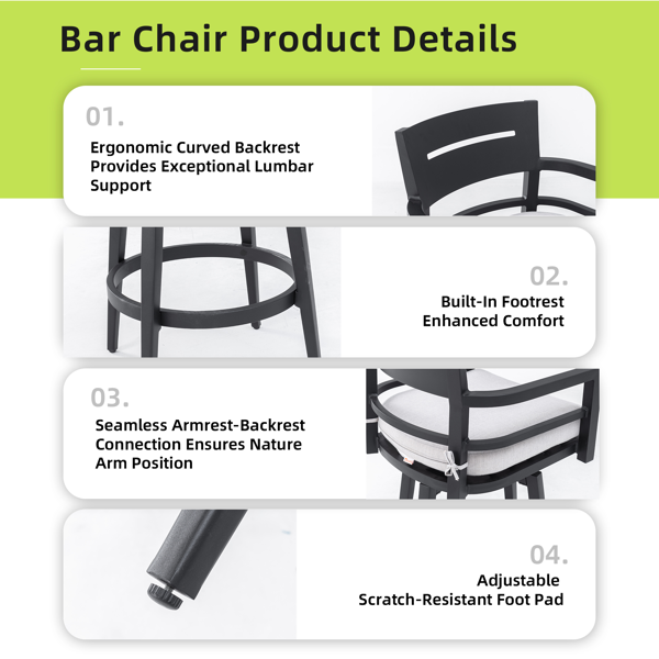 Modern Outdoor 2-Piece Swivel Bar Chairs – Aluminum Frame with Ember Black, 360° Swivel, Ergonomic Backrest & Armrests, Tapered Legs, Sunbrella Cushion, Weather-Resistant & Durable Patio Bar Stool-5