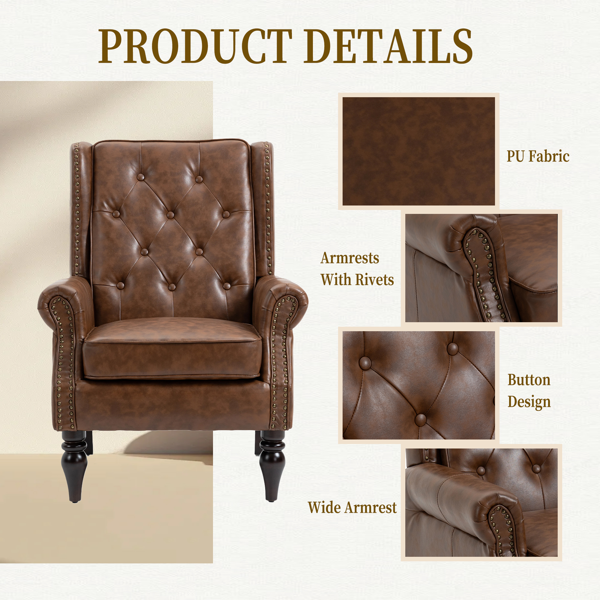 Wood Frame Armchair, Modern Accent Chair Lounge Chair with Sturdy Wood Legs for Living Room Bedroom (Brown PU)-5