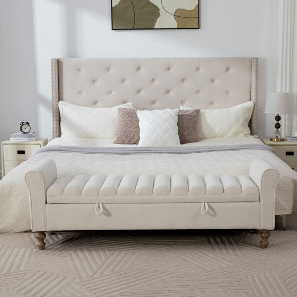 65.55" Wide Modern Upholstered  Storage Bench , Napped fabric Bed End Foot Stool With Rolled Armrest, Bench Daybed With Rubberwood Legs For Living Room, Entryway, Dormitory, Bedroom,Beige-2
