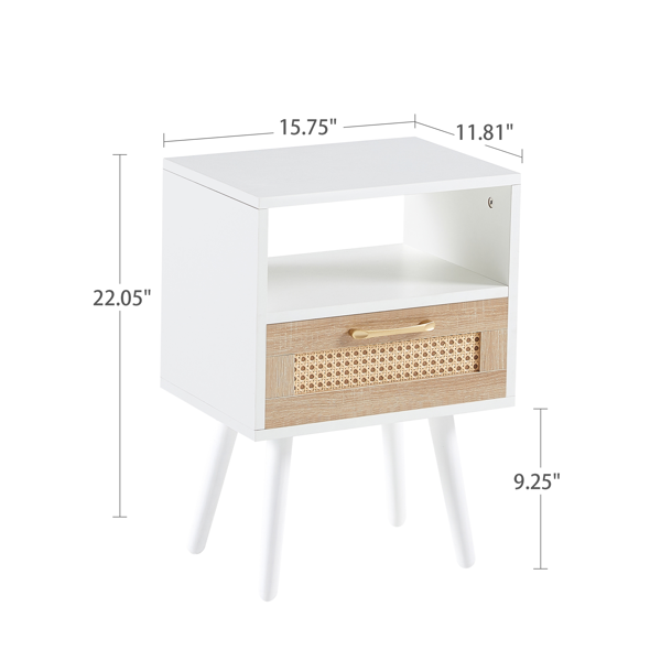 15.75" Rattan End table with  drawer and solid wood legs, Modern nightstand, side table for living room, bedroom, white-3