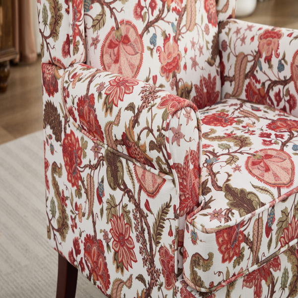 Modern Accent Chair with Retro Wood Legs, Comfy Upholstered Armchair, Floral Design Single Sofa Chair for Living Room Bedroom Office - Floral Red-6