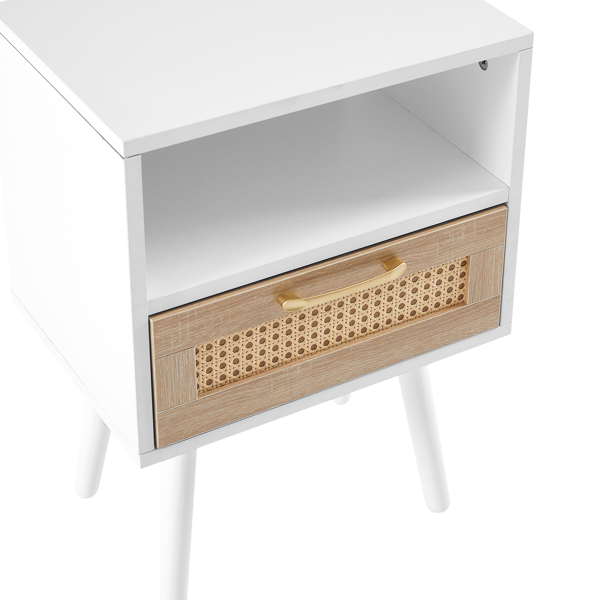 15.75" Rattan End table with  drawer and solid wood legs, Modern nightstand, side table for living room, bedroom, white-17