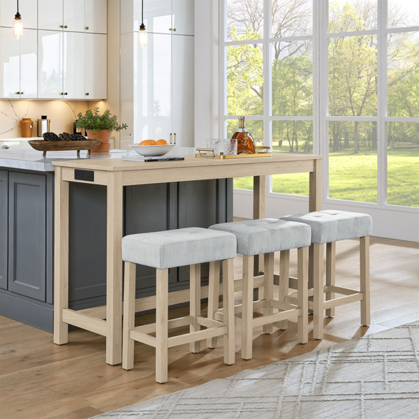 59 Inch Bar Table, Dining Table, Sofa Table with Power Outlet, 3 Upholstered Stools, 4 Piece Bar Table and Chair Set for Living Room, Dining Room, Kitchen-6