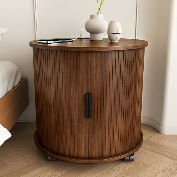 Mid Century Modern Cylinder End Table with Built-in Charging Station & Sliding Door, 2-Tier Storage Round Nightstand with USB Ports, Walnut Bedside Table for Living Room, Bedroom, Entryway-1