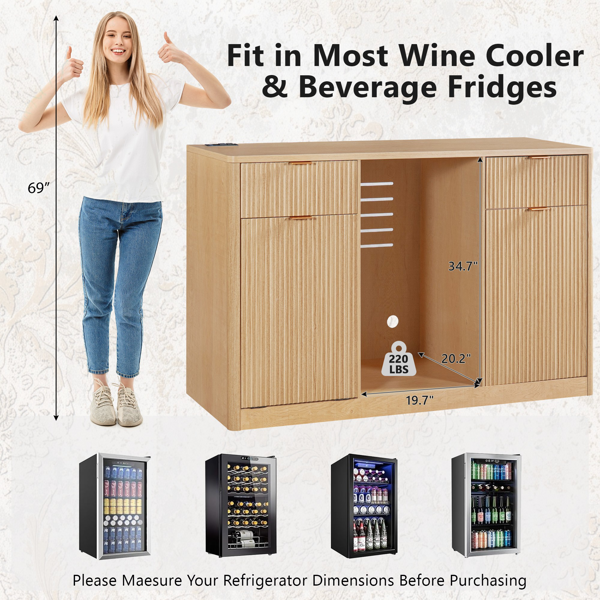K&K 59" Coffee Bar Cabinet with Fridge Space & Tilt-Out Trash Cabinet, Mini Fridge Wine Cabinet with Storage/Charging Station, Fluted Buffet Sideboard with Glass Holder for Dining Room, Natural Oak-29