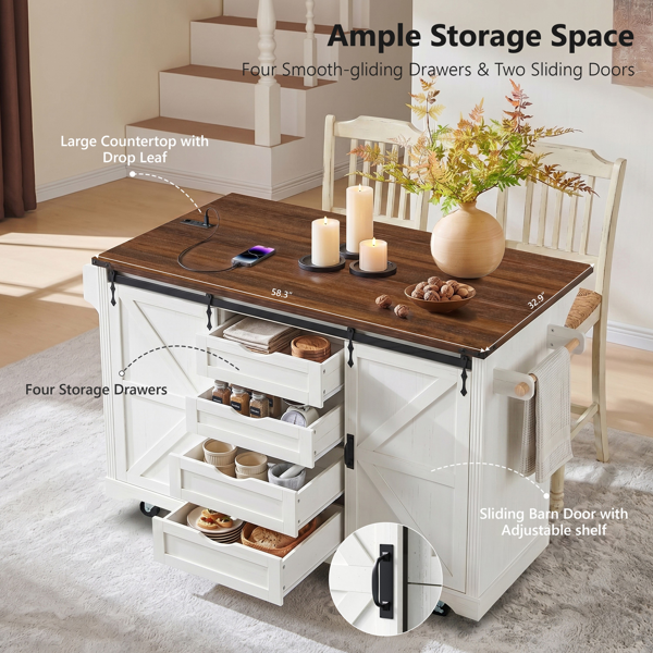 K&K 72" Farmhouse Kitchen Island with Fridge Storage Space & Power Outlet, Rolling Coffee Bar Cabinet on Wheels with 4 Drawers, Sliding Barn Door, Glass Holder, Drop Leaf, Island Kitchen Table, White-23