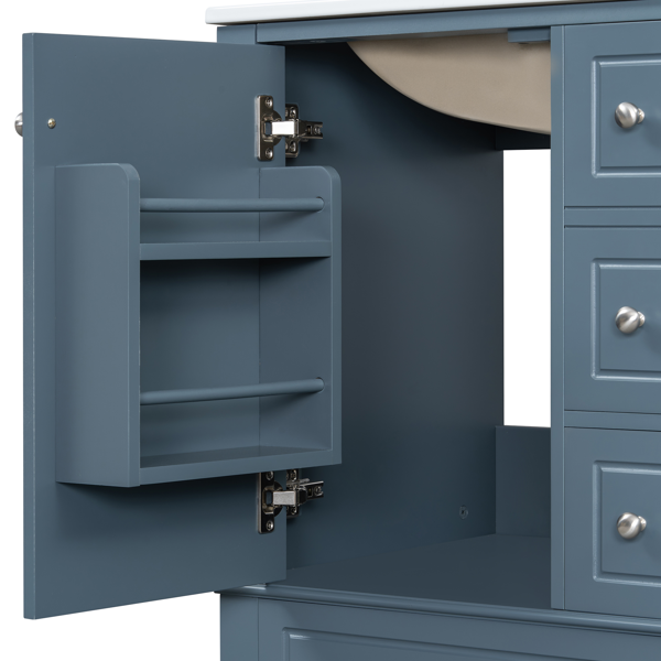 24" Bathroom Vanity with Sink and Drawers, Gray Blue Freestanding Vanity Cabinet with Ceramic Top and Storage Shelves, MDF and Solid Wood Base, Modern Sink Cabinet for Small Bathrooms-3