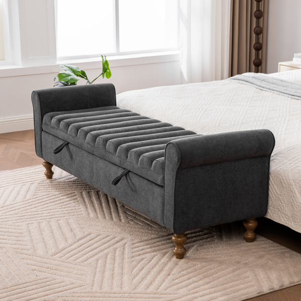 65.55" Wide Modern Upholstered  Storage Bench , Napped fabric Bed End Foot Stool With Rolled Armrest, Bench Daybed With Rubberwood Legs For Living Room, Entryway, Dormitory, Bedroom,Charcoal-3