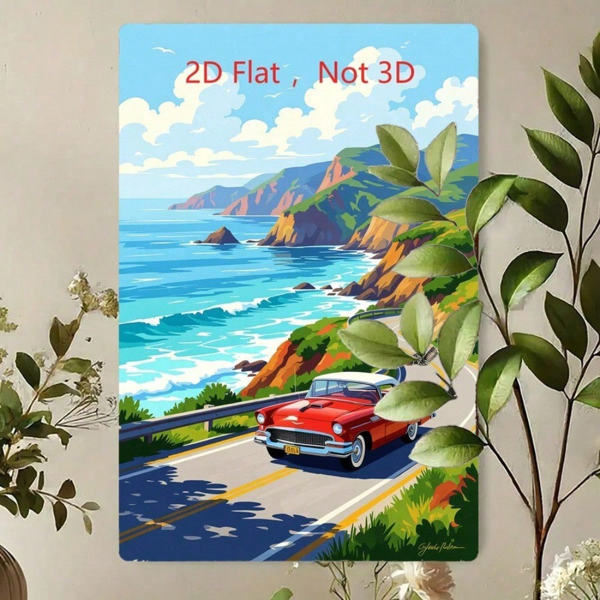 CIFbuy 复古红色经典老爷车2D印刷铁皮装饰画，海岸公路海景，20x30厘米（TikTok, temu 自提物流）-3