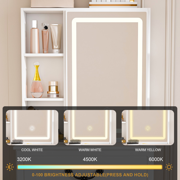 Modern Mini Dressing Table with LED-lit Mirror & Hidden Storage,Includes Padded Stool,Adjustable Brightness Vanity Desk,Multi-tier Dust-proof Shelves,White-5