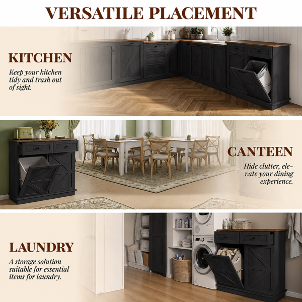 Tilt Out Trash Can Cabinet for Kitchen, Double 10-Gallon Hidden Trash Cabinet with Drawer, Farmhouse Wooden Garbage Cabinet, Dog Proof Trash Can Storage for Kitchen Laundry Living Room Office-9