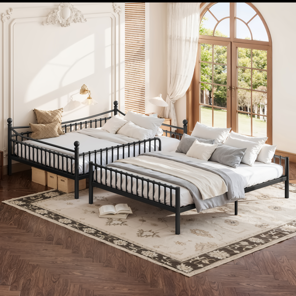 Queen over Queen Metal Bunk Bed with Unique Curved Guardrail Design, Round Tube bunk bed Frame, No Box Spring Required, Metal Bunk Bed Frame for Kids Teens,adults, Black-2