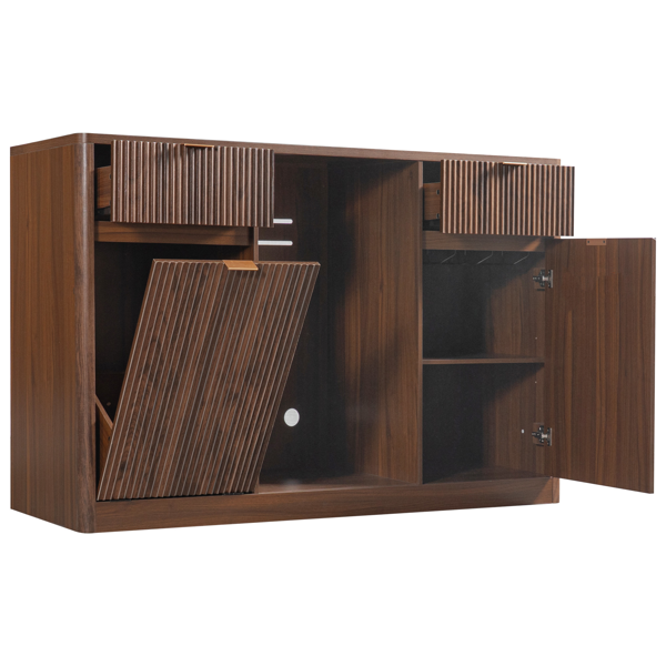K&K 59" Coffee Bar Cabinet with Fridge Space & Tilt-Out Trash Cabinet, Mini Fridge Wine Cabinet with Storage/Charging Station, Fluted Buffet Sideboard with Glass Holder for Dining Room, Walnut Brown-6