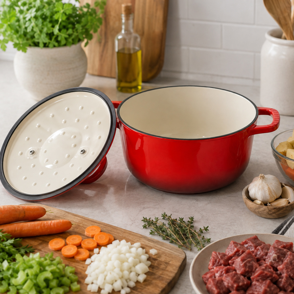 不锈钢手柄 7.5QT 7.1L 圆形 珐琅锅 红色渐变 含手套 隔热垫-4