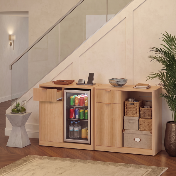 K&K 39.4" Coffee Bar Cabinet with Fridge Space, Mini Fridge Liquor Cabinet with Wine Storage & Charging Station, Fluted Buffet Sideboard with Glass Holder for Living Room Kitchen, Natural Oak-2