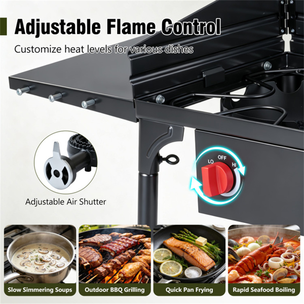 双燃烧器室外丙烷野营炉，每个燃烧器75000 BTU，20 PSI调节器，CSA认证，便携式，带提袋和侧架-7