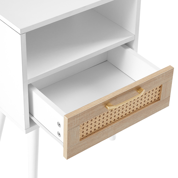 15.75" Rattan End table with  drawer and solid wood legs, Modern nightstand, side table for living room, bedroom, white-13