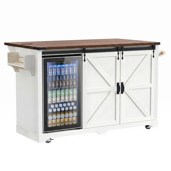 K&K 72" Farmhouse Kitchen Island with Fridge Storage Space & Power Outlet, Rolling Coffee Bar Cabinet on Wheels with 4 Drawers, Sliding Barn Door, Glass Holder, Drop Leaf, Island Kitchen Table, White-31