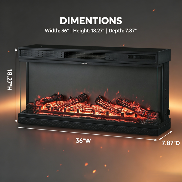 美规 EF-36 120V 1500W 36寸 壁炉芯 黑色 铁 嵌入式/三面玻璃/可调温/定时/带显示/5档火焰明亮度/配假柴/带遥控器 多彩/12色火焰-3