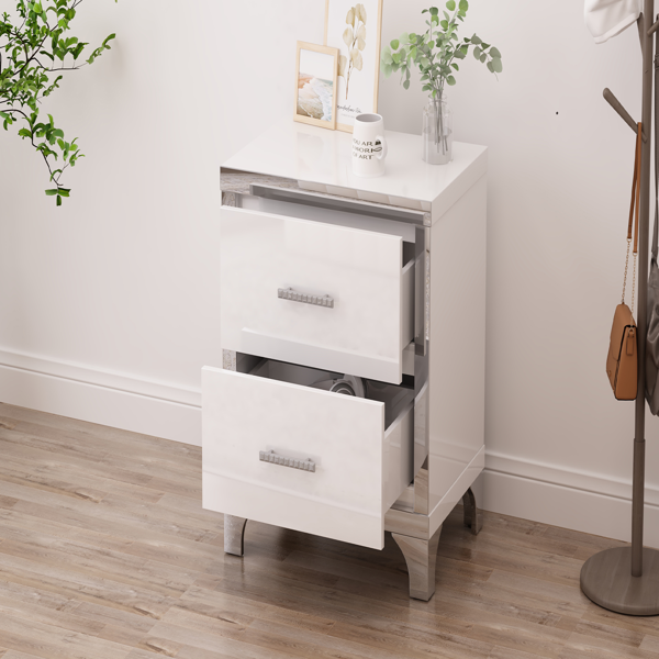 Elegant High Gloss Nightstand with Metal Handle,Mirrored Bedside Table with 2 Drawers for Bedroom,Living Room,White-10