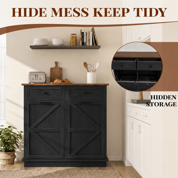 Tilt Out Trash Can Cabinet for Kitchen, Double 10-Gallon Hidden Trash Cabinet with Drawer, Farmhouse Wooden Garbage Cabinet, Dog Proof Trash Can Storage for Kitchen Laundry Living Room Office-8