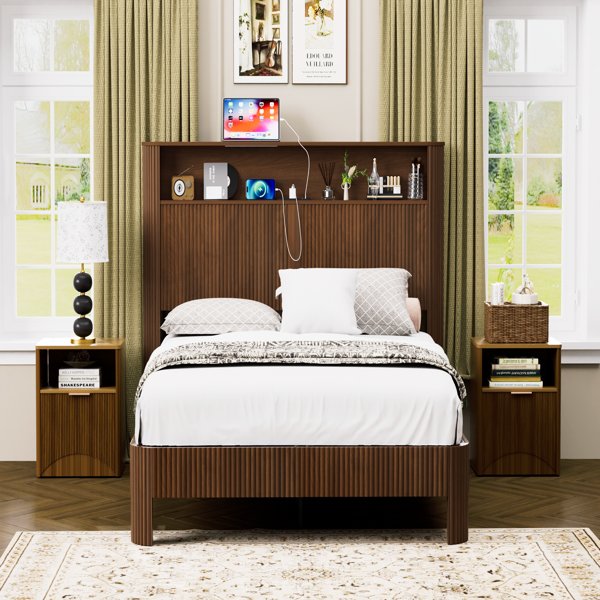 Queen Size bed frame with storage headboard, built-in charging station, wavy curved lines design, silent operation, metal support, Walnut-5
