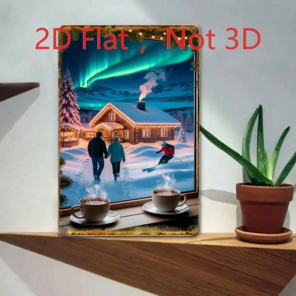 CIFbuy 冬季北极光雪景小屋情侣滑雪锡制装饰牌，2D平面艺术，20x30厘米（TikTok, temu 自提物流）-5