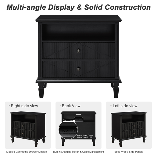 Farmhouse Nightstand with Charging Station, 2-Drawer Engineered Wood Storage Cabinet, Bedside Table for Bedroom-6