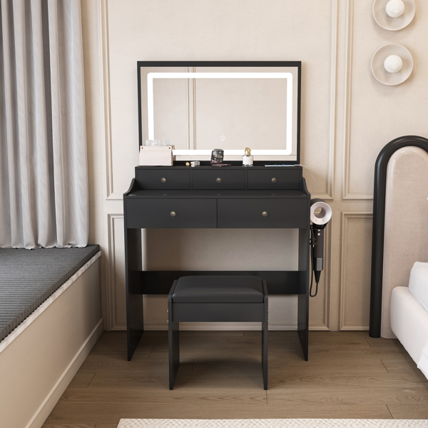 New Large Mirror Vanity Desk for Bed room  , Modern Makeup Vanity Set with Power Outlet and Hair dryer holder, 5 Drawers , 3 Lighting Color Adjustable Dressing Table for Bedroom, Black Color-1
