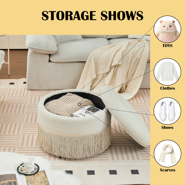 Round Storage Ottoman Bench(Beige), 23.23 Inch Upholstered Footstool with Tassel Fringe, 250 lbs Capacity Circular Storage Foot Rest Stool, Fabric Ottoman for Living Room Bedroom Entryway-5
