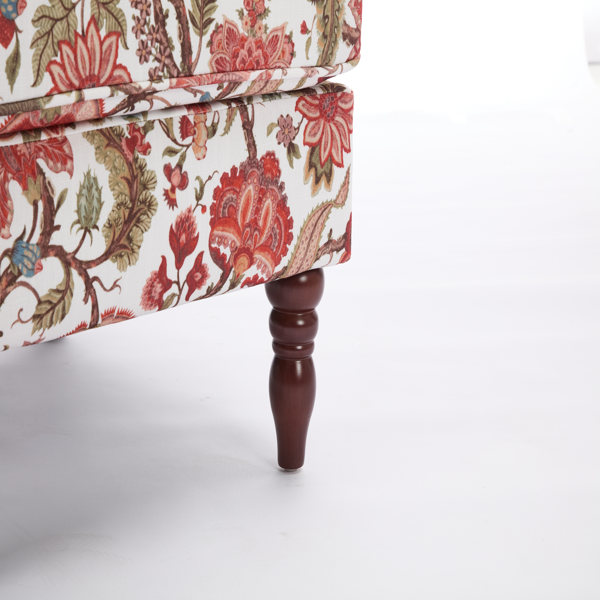 Modern Accent Chair with Retro Wood Legs, Comfy Upholstered Armchair, Floral Design Single Sofa Chair for Living Room Bedroom Office - Floral Red-21