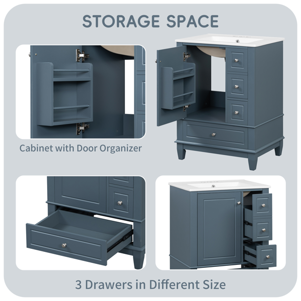 24" Bathroom Vanity with Sink and Drawers, Gray Blue Freestanding Vanity Cabinet with Ceramic Top and Storage Shelves, MDF and Solid Wood Base, Modern Sink Cabinet for Small Bathrooms-16