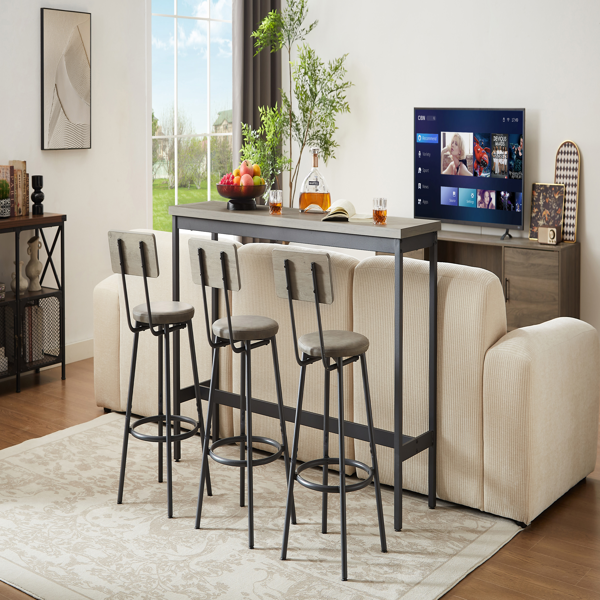 Long Bar Table Set with 3 PU Upholstered Bar Stools, Industrial Bar Table and Chairs for Kitchen Breakfast Table, Living Room, Banquet Hall, Rustic Gray and Black, 63″L x15.7"W x 37.5"H-3